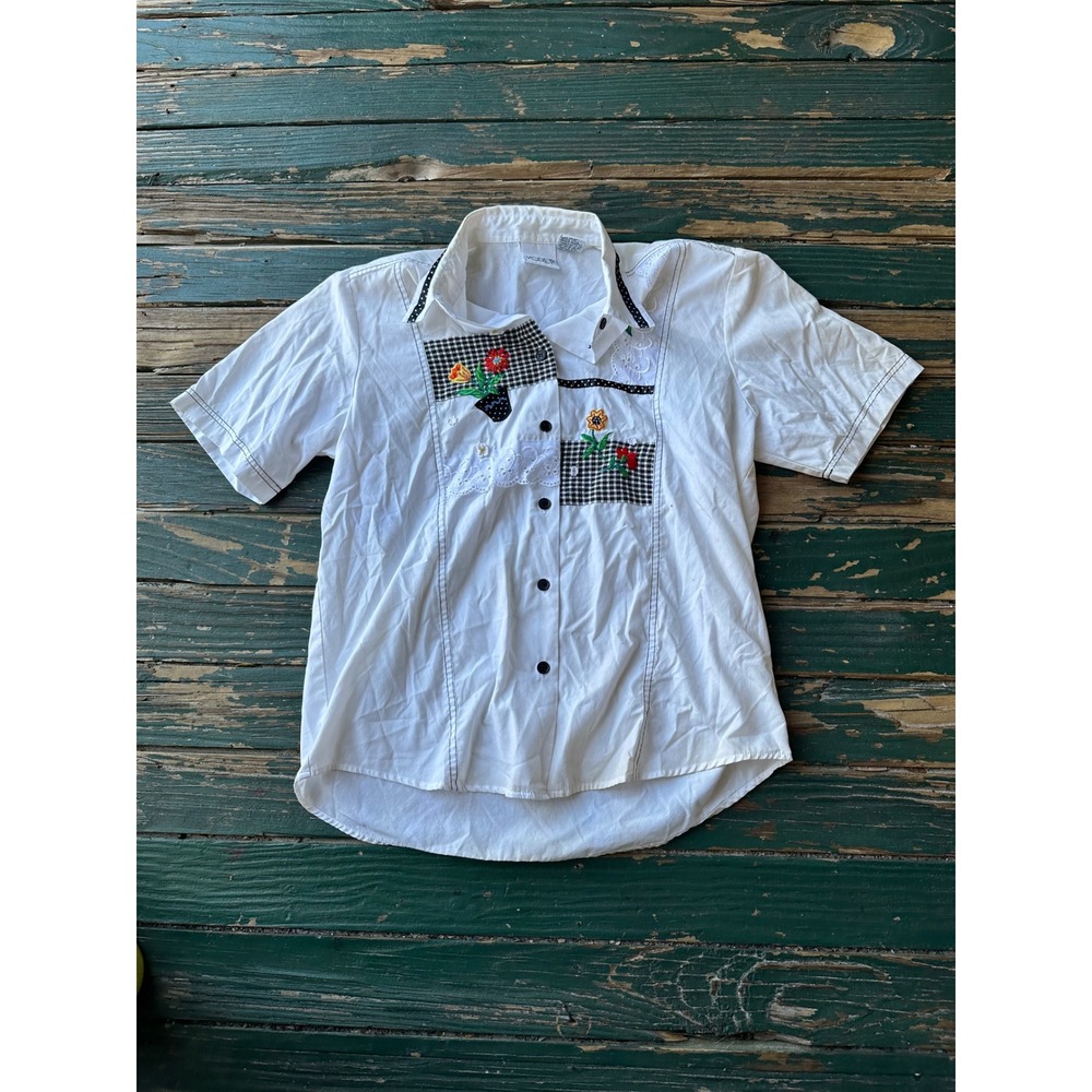 Vintage Koret Floral Embroidery Gingham Patchwork Button Up Shirt White Size 8